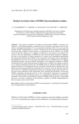 Methyl Tert-Butyl Ether (MTBE) Bioremediation Studies