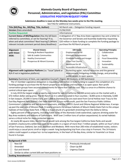 Alameda County Board of Supervisors Personnel, Administration, and Legislation (PAL) Committee LEGISLATIVE POSITION REQUEST FORM