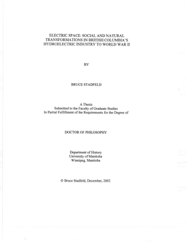 ELECTRIC SPACE: SOCIAL and NATI.]RAL TRANSFORMATIONS in BRITISH COLI.IMBIA' S Frydroelectric INDUSTRY to WORLD WAR II