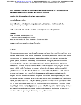 Dispersal Predicts Hybrid Zone Widths Across Animal Diversity: Implications for Species Borders Under Incomplete Reproductive Isolation