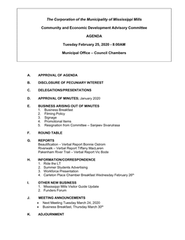 The Corporation of the Municipality of Mississippi Mills Community and Economic Development Advisory Committee AGENDA Tuesday Fe