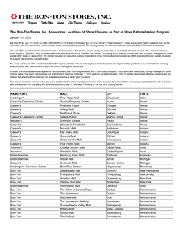 The Bon-Ton Stores, Inc. Announces Locations of Store Closures As Part of Store Rationalization Program