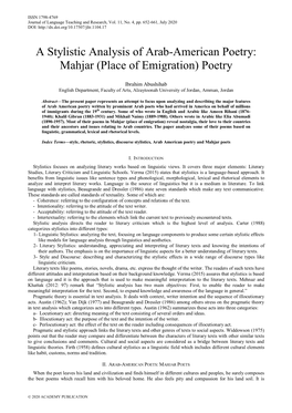 A Stylistic Analysis of Arab-American Poetry: Mahjar (Place of Emigration) Poetry