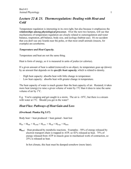 Lecture 22 & 23. Thermoregulation: Dealing with Heat and Cold