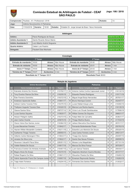 Comissão Estadual De Arbitragem De Futebol - CEAF Jogo: 106 / 2018 SÃO PAULO