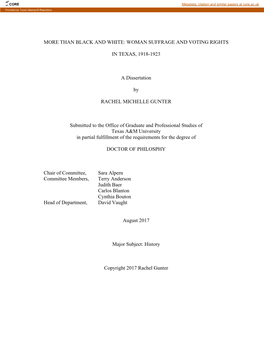 WOMAN SUFFRAGE and VOTING RIGHTS in TEXAS, 1918-1923 a Dissertation by RACHEL MICHELLE GUNTER Submit