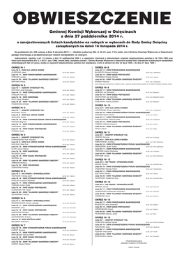 Gminnej Komisji Wyborczej W Osięcinach Z Dnia 27 Października 2014 R