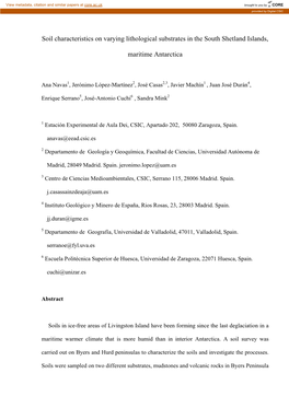 Soil Characteristics on Varying Lithological Substrates in the South Shetland Islands