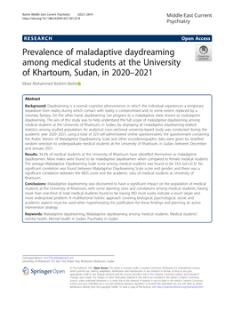 Prevalence of Maladaptive Daydreaming Among Medical Students at the University of Khartoum, Sudan, in 2020–2021 Moez Mohammed Ibrahim Bashir