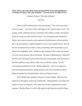 Note: This Is a Pre-Copyedited, Author-Produced PDF of an Article Published As “Getting It Wrong in ‘The Lady of Shalott’,” Victorian Poetry 47 (2009), 45-59.]