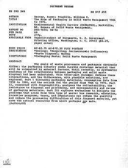 The Role of Packaging in Solid Waste Management 1966 to 1976