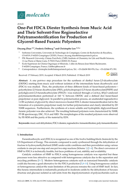 One-Pot FDCA Diester Synthesis from Mucic Acid and Their Solvent-Free Regioselective Polytransesteriﬁcation for Production of Glycerol-Based Furanic Polyesters