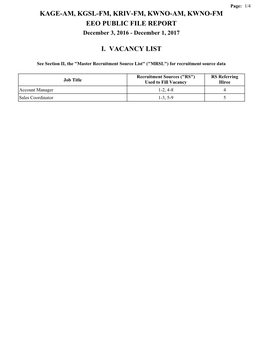 KAGE-AM, KGSL-FM, KRIV-FM, KWNO-AM, KWNO-FM EEO PUBLIC FILE REPORT December 3, 2016 - December 1, 2017