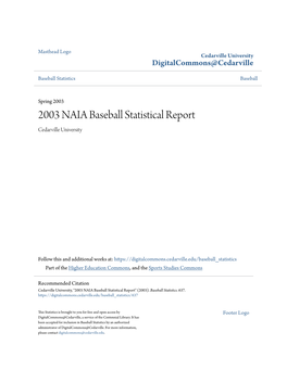 2003 NAIA Baseball Statistical Report Cedarville University