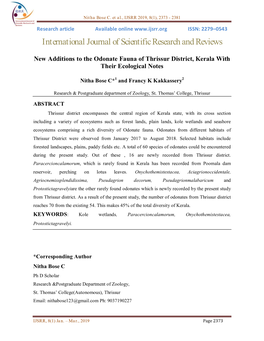 New Additions to the Odonate Fauna of Thrissur District, Kerala with Their Ecological Notes