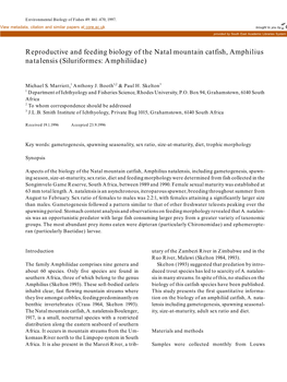 Reproductive and Feeding Biology of the Natal Mountain Catfish, Amphilius Natalensis (Siluriformes: Amphiliidae)