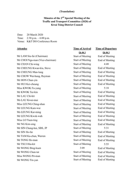 (Translation) Minutes of the 2 Special Meeting of the Traffic and Transport Committee (2020) of Kwai Tsing District Council Date