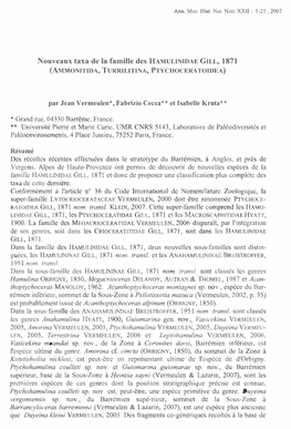 Nouveaux Taxa De La Famille Des HAMULINIDAE GILL, 1871 (AMMONITIDA, TURRILITINA, PTYCHOCERATOIDEA)
