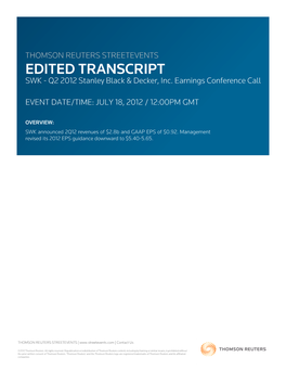 Q2 2012 Stanley Black & Decker, Inc. Earnings Conference Call on July