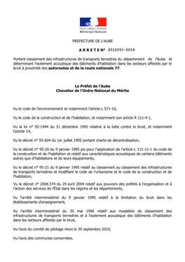 PREFECTURE DE L'aube a R R E T E N° Portant Classement Des Infrastructures De Transports Terrestres Du Département De L'aube E