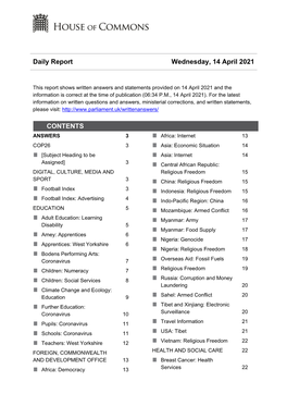 Daily Report Wednesday, 14 April 2021 CONTENTS