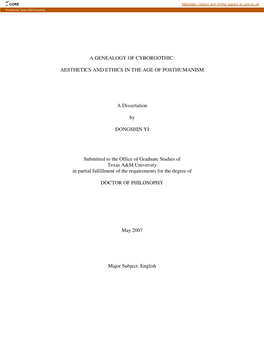 AESTHETICS and ETHICS in the AGE of POSTHUMANISM a Dissertation by DONGSHIN YI Submitted to The