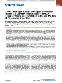 CYFIP1 Dosages Exhibit Divergent Behavioral Impact Via Diametric Regulation of NMDA Receptor Complex Translation in Mouse Models of Psychiatric Disorders