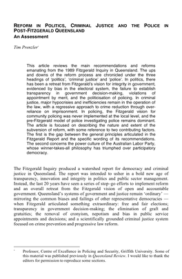 REFORM in POLITICS, CRIMINAL JUSTICE and the POLICE in POST-FITZGERALD QUEENSLAND an Assessment