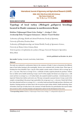 Typology of Local Turkey (Meleagris Gallopavo) Breedings Located in Ouaké Commune in Northwestern Benin