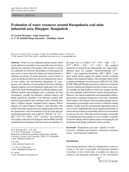 Evaluation of Water Resources Around Barapukuria Coal Mine Industrial Area, Dinajpur, Bangladesh