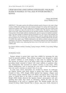 Crop Defense and Coping Strategies: Wildlife Raids in Mahiga 'B' Village in Nyeri District, Kenya