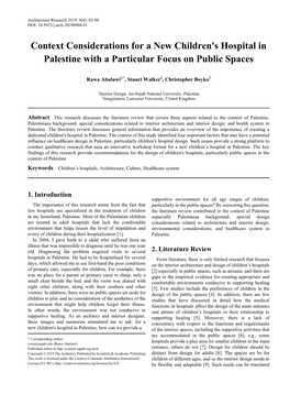 Context Considerations for a New Children's Hospital in Palestine with a Particular Focus on Public Spaces