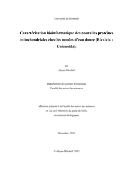 Caractérisation Bioinformatique Des Nouvelles Protéines Mitochondriales Chez Les Moules D'eau Douce