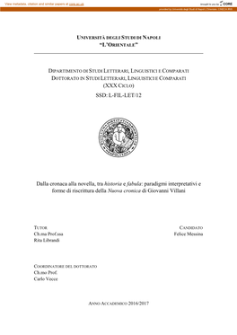 SSD: L-FIL-LET/12 Dalla Cronaca Alla Novella, Tra Historia E Fabula