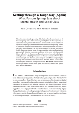 Getting Through a Tough Day (Again) What Possum Springs Says About Mental Health and Social Class • Mia Consalvo and Andrew Phelps