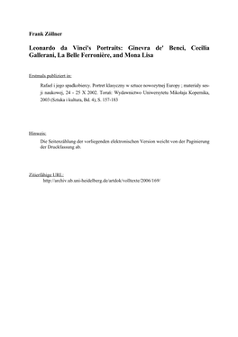 Leonardo Da Vinci's Portraits: Ginevra De' Benci, Cecilia Gallerani, La Belle Ferronière, and Mona Lisa