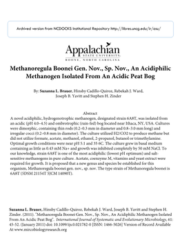 Methanoregula Boonei Gen. Nov., Sp. Nov., an Acidiphilic Methanogen Isolated from an Acidic Peat Bog