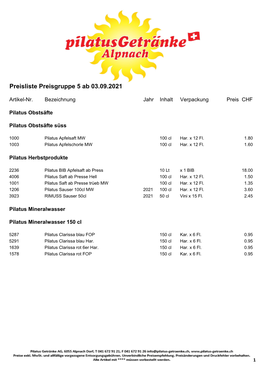 Pilatus Getränke AG, 6055 Alpnach Preisliste Laden 5