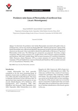 Predatory Mite Fauna of Phytoseiidae of Northwest Iran (Acari: Mesostigmata)