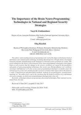 The Importance of the Brain Neuro-Programming Technologies in National and Regional Security Strategies