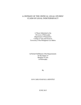 A Critique of the Critical Legal Studies' Claim Of