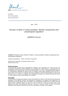 Division of Labor in Insect Societies: Genetic Components and Physiological Regulation