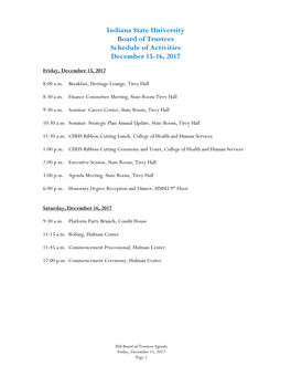 Indiana State University Board of Trustees Schedule of Activities December 15-16, 2017