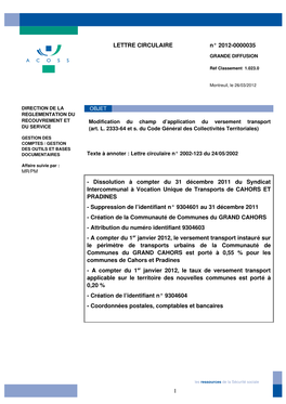 LETTRE CIRCULAIRE N° 20120000035 Dissolution À