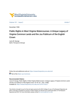 Public Rights in West Virginia Watercourses: a Unique Legacy of Virginia Common Lands and the Jus Publicum of the English Crown