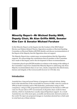 Minority Report—Mr Michael Danby MHR, Deputy Chair, Mr Alan Griffin MHR, Senator Kim Carr & Senator Michael Forshaw
