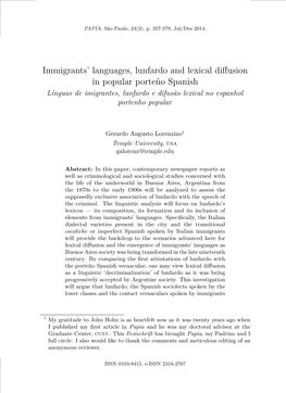 Immigrants' Languages, Lunfardo and Lexical Diffusion in Popular Porteño