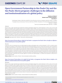 Open Government Partnership in São Paulo City and the São Paulo Aberta Program: Challenges in the Diffusion and Institutionalization of a Global Policy