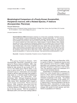 Morphological Comparison of a Poorly Known Scorpionfish, Parapterois Macrura, with a Related Species, P