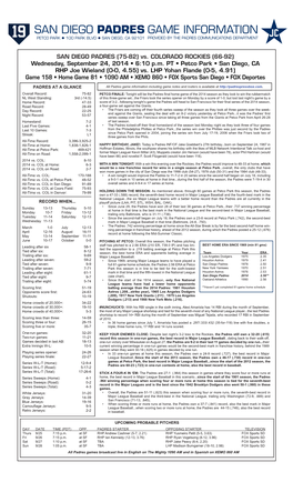 Padres Game Notes Vs